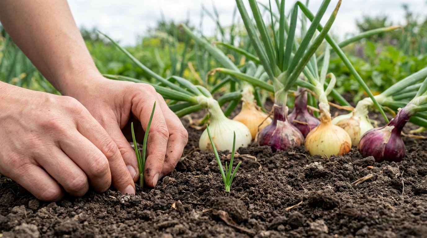 Des mains plantent de jeunes oignons dans la terre sombre d'un potager, avec des oignons mûrs en arrière-plan.