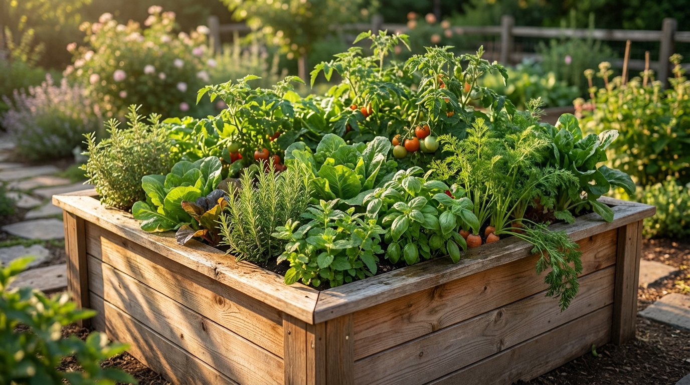 Vue rapprochée d'un potager carré en bois rempli de légumes et herbes aromatiques comme tomates, laitues, basilic et romarin sous un soleil doux.
