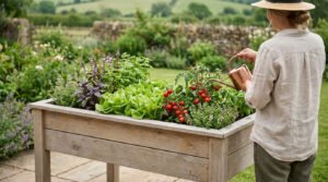 Une personne arrose un potager surélevé en bois, garni de laitues, tomates cerises et basilic, dans un jardin verdoyant.