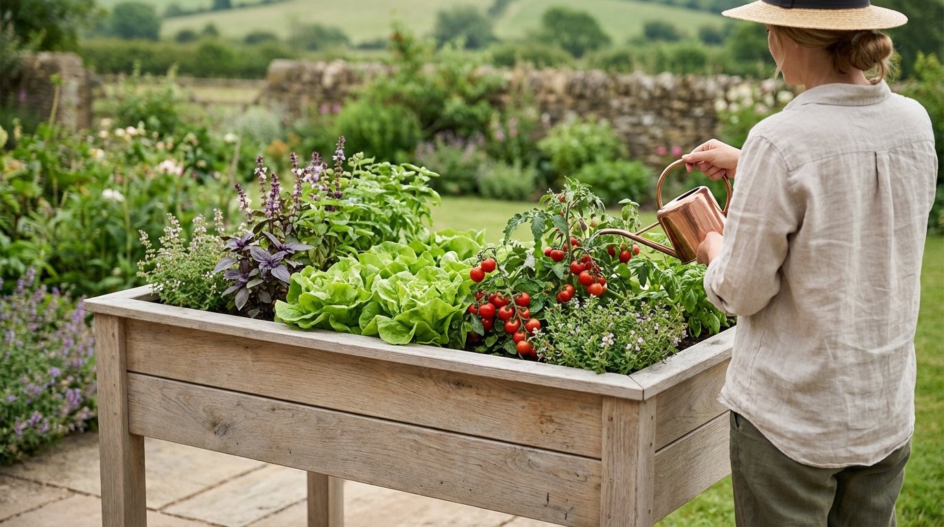 Une personne arrose un potager surélevé en bois, garni de laitues, tomates cerises et basilic, dans un jardin verdoyant.