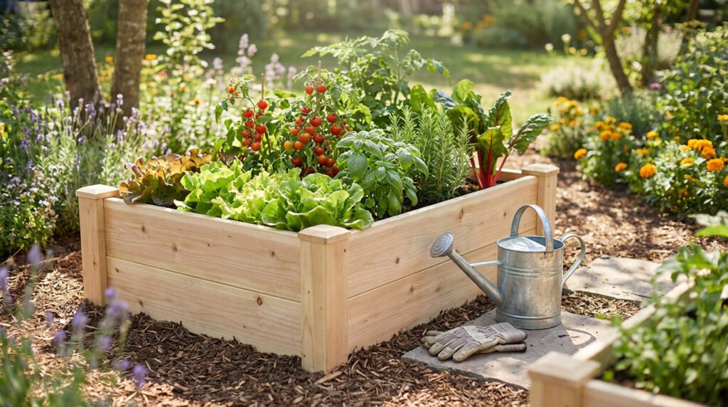 Bac potager en bois débordant de légumes verts, tomates rouges et herbes aromatiques. Arrosoir métallique et gants à côté.