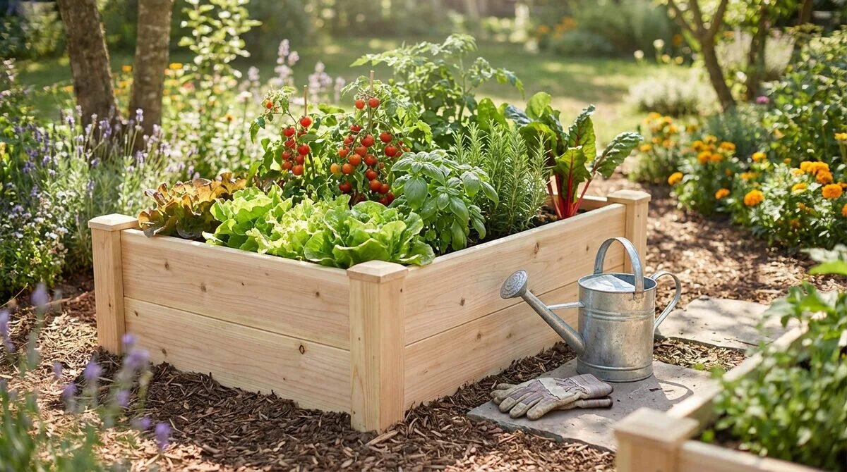 Bac potager en bois débordant de légumes verts, tomates rouges et herbes aromatiques. Arrosoir métallique et gants à côté.