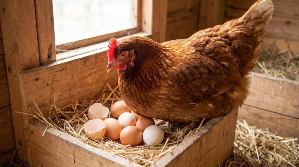 Poule rousse dans un pondoir en bois, avec des œufs intacts et des coquilles cassées dans la paille.