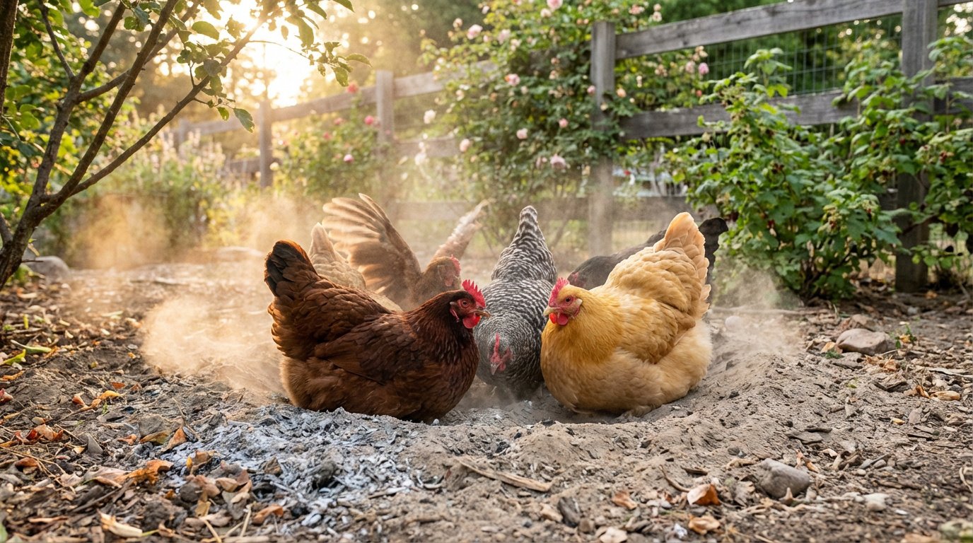 Un groupe de poules de diverses couleurs prend un bain de poussière, soulevant de la terre dans un jardin ensoleillé.