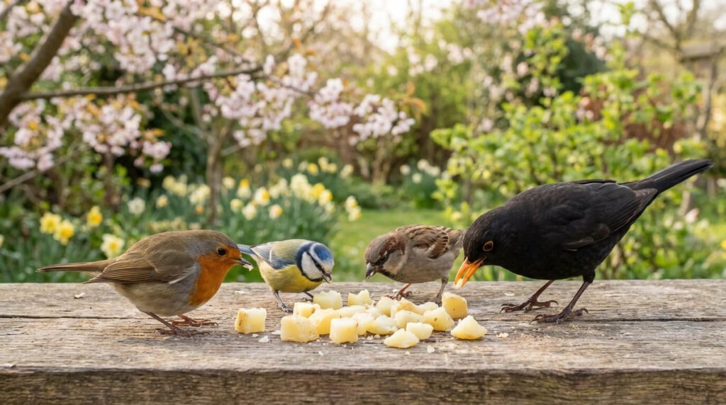 Quatre oiseaux, dont un rougegorge et un merle, mangent des morceaux de pomme de terre sur une table en bois dans un jardin printanier fleuri.