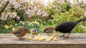 Quatre oiseaux, dont un rougegorge et un merle, mangent des morceaux de pomme de terre sur une table en bois dans un jardin printanier fleuri.
