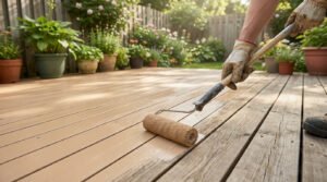 Main gantée applique un produit de protection (lasure ou peinture) beige clair sur une terrasse en bois, avec un jardin ensoleillé en fond.