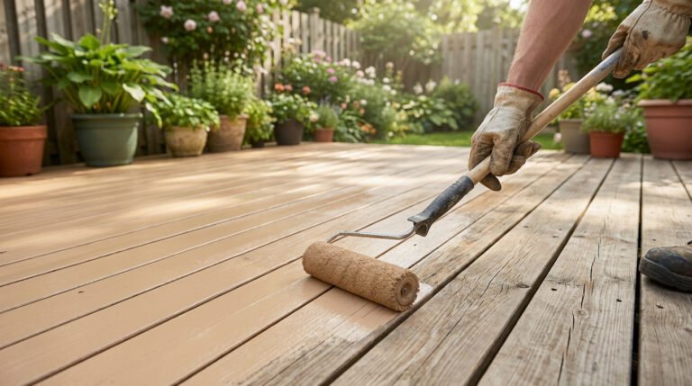 Main gantée applique un produit de protection (lasure ou peinture) beige clair sur une terrasse en bois, avec un jardin ensoleillé en fond.