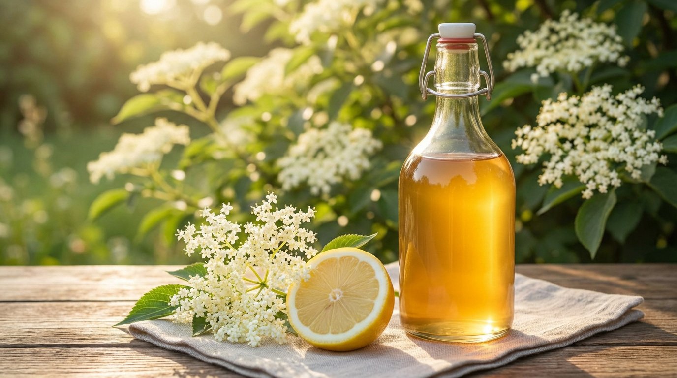 Bouteille de sirop de sureau, fleurs fraîches et un demi-citron sur une table en bois, fond d'arbustes de sureau fleuris au soleil.