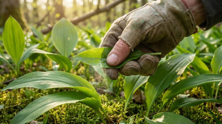 Main gantée tenant une feuille d'ail des ours pour l'identifier, au milieu d'un sous-bois verdoyant et ensoleillé.