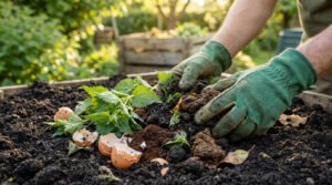 Des mains gantées mélangent des orties, des coquilles d'œuf et du marc de café dans un composteur extérieur.