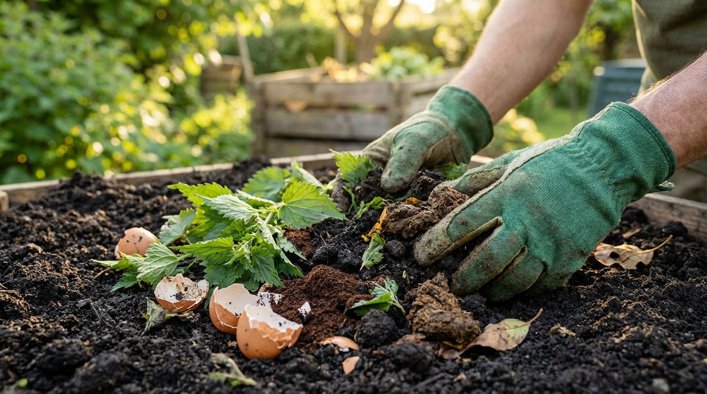 Des mains gantées mélangent des orties, des coquilles d'œuf et du marc de café dans un composteur extérieur.