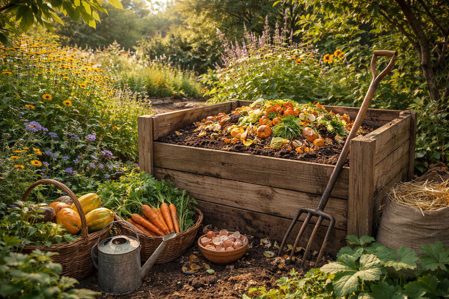 Jardin de compost et recoltes fraichement cueillies