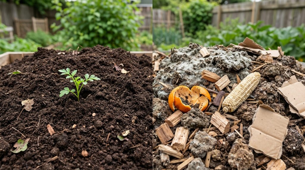 Image divisée montrant du compost riche avec une pousse verte à gauche et des déchets organiques en décomposition (écorce d'orange, épis, carton) à droite.