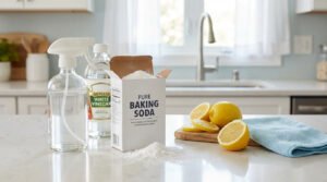 Bicarbonate de soude, vinaigre blanc, citrons et vaporisateur sur un comptoir de cuisine, ingrédients pour un ménage naturel.