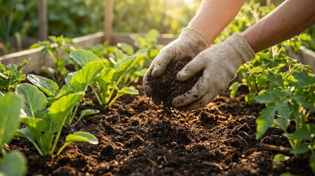 Mains gantées épandant du compost dans un potager ensoleillé parmi de jeunes pousses vertes.