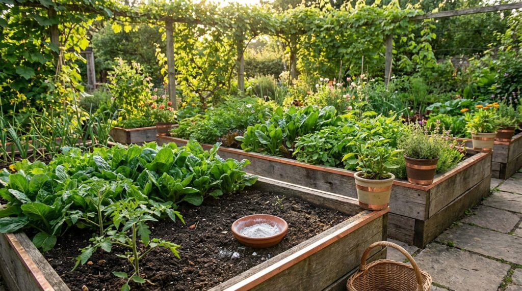 Jardin potager luxuriant ensoleillé, avec des planches surélevées remplies de légumes verts et d'herbes. Un bol anti-limaces est visible.
