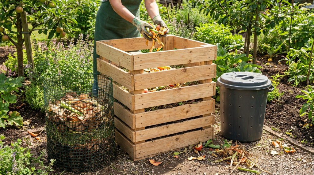 Une personne met des déchets de cuisine dans un composteur en bois, à côté d'autres types de composteurs au jardin.