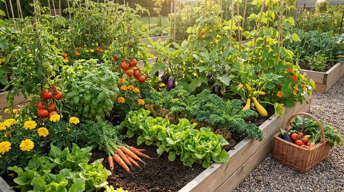 Un potager surélevé en bois avec des tomates, des salades, des carottes et des fleurs sous un soleil de fin de journée.
