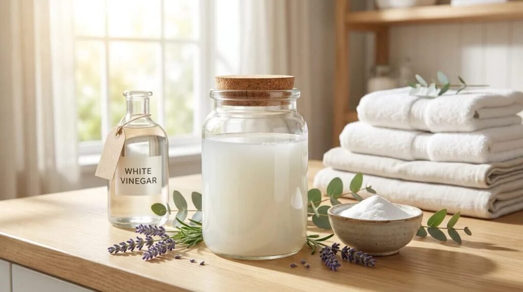 Ingrédients pour adoucissant naturel : vinaigre blanc, bicarbonate de soude et lavande près de serviettes propres.