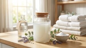 Ingrédients pour adoucissant naturel : vinaigre blanc, bicarbonate de soude et lavande près de serviettes propres.
