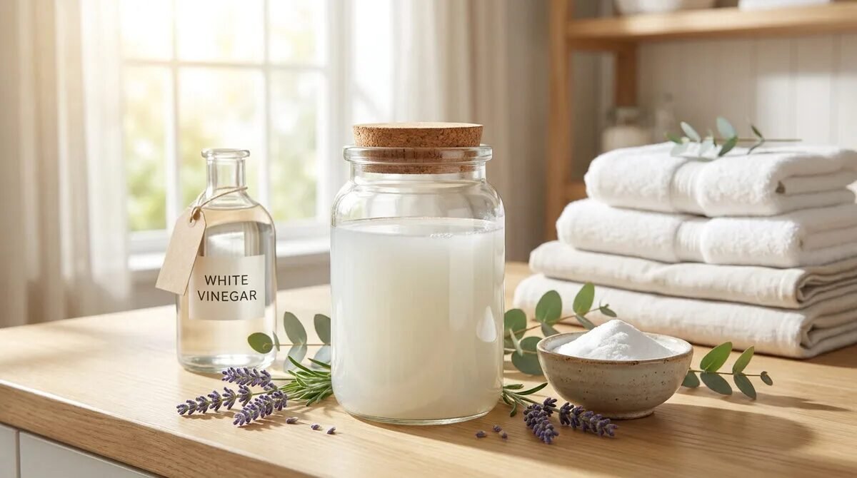 Ingrédients pour adoucissant naturel : vinaigre blanc, bicarbonate de soude et lavande près de serviettes propres.