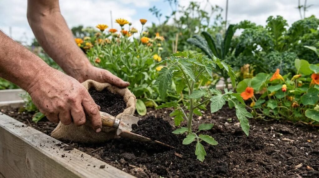 Mains ajoutant du compost riche au pied d'une jeune plante de tomate dans un potager. Autres plantes et fleurs en arrière-plan.