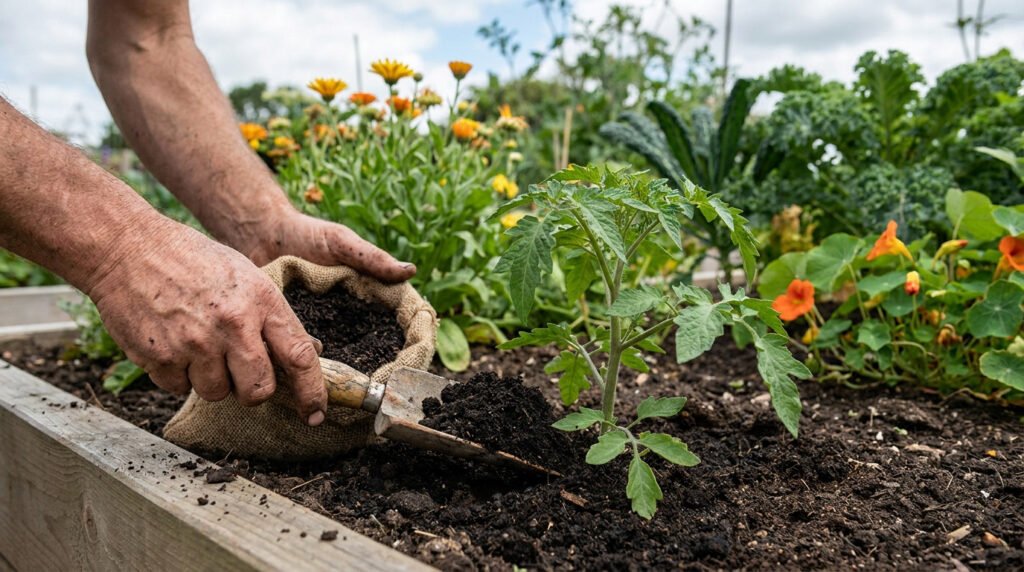 Mains ajoutant du compost riche au pied d'une jeune plante de tomate dans un potager. Autres plantes et fleurs en arrière-plan.