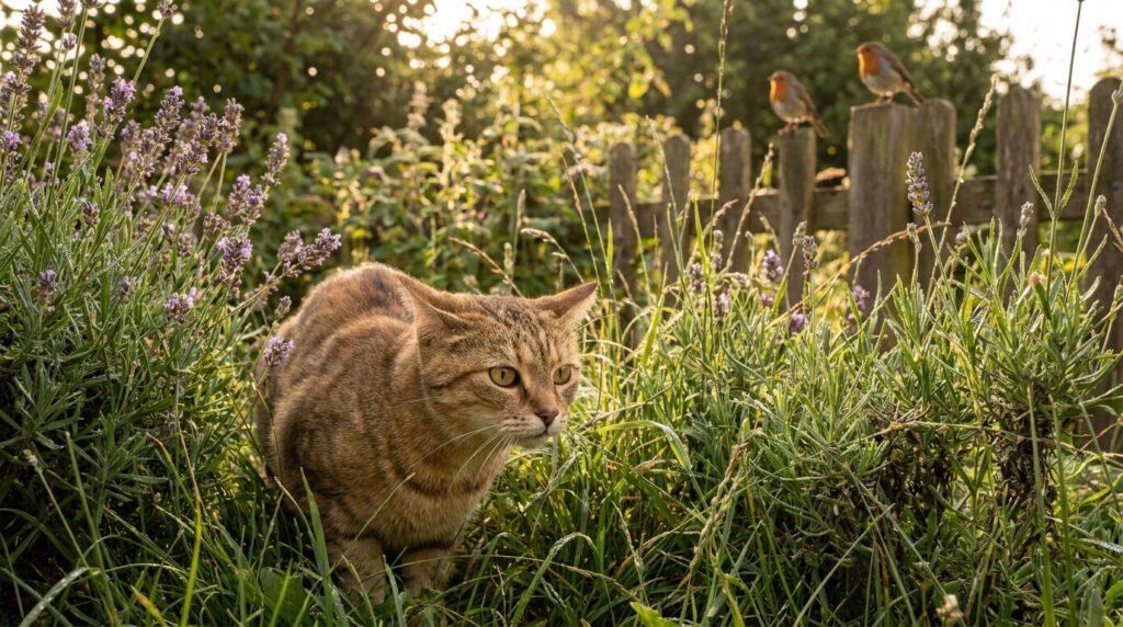 Un chat tabby observant deux rouges-gorges perchés sur une barrière dans un jardin ensoleillé.