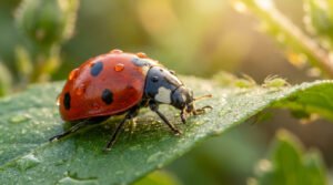 Une coccinelle rouge à points noirs sur une feuille verte humide sous une lumière dorée.