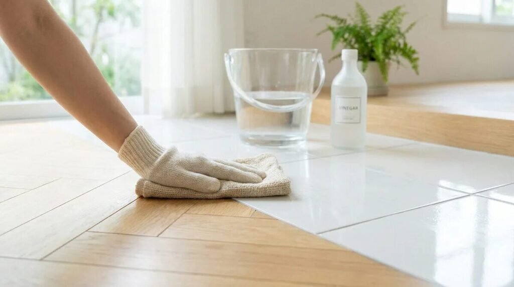 Main gantée nettoyant un sol carrelé blanc avec un chiffon. Seau d'eau et bouteille de vinaigre en arrière-plan près d'un parquet.