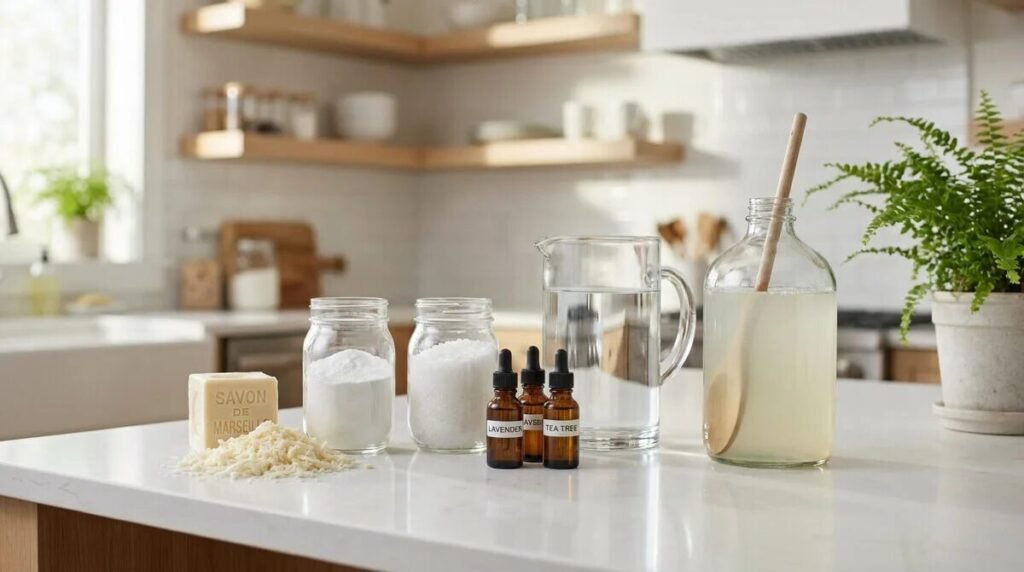 Ingrédients pour lessive maison (savon de Marseille, bicarbonate, huiles essentielles) sur un plan de travail de cuisine.