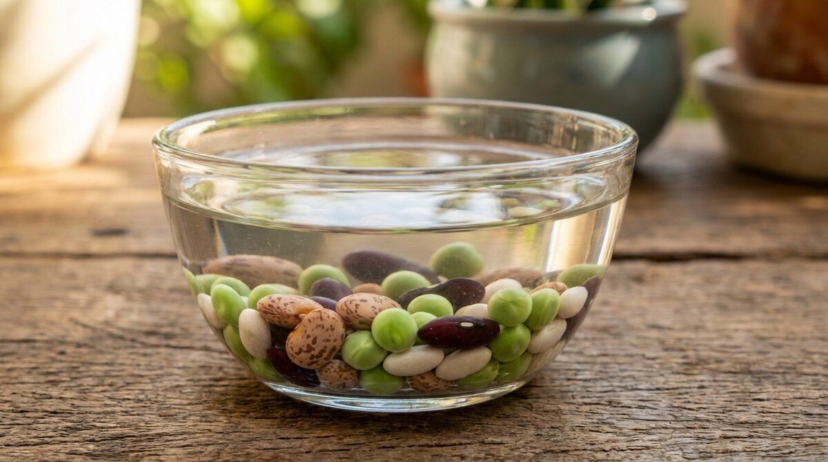 Un bol en verre rempli d'eau et de graines diverses posé sur une table en bois rustique.