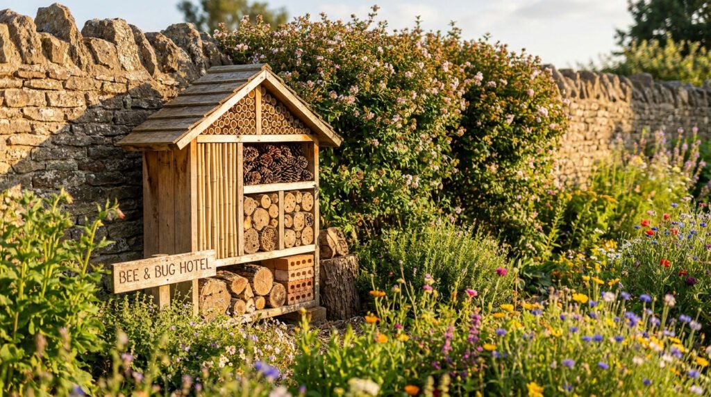 Hôtel à insectes en bois avec divers compartiments (bambou, pommes de pin, bûches) dans un jardin fleuri près d'un mur de pierre.