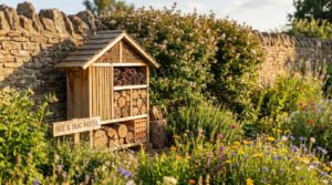 Hôtel à insectes en bois avec divers compartiments (bambou, pommes de pin, bûches) dans un jardin fleuri près d'un mur de pierre.
