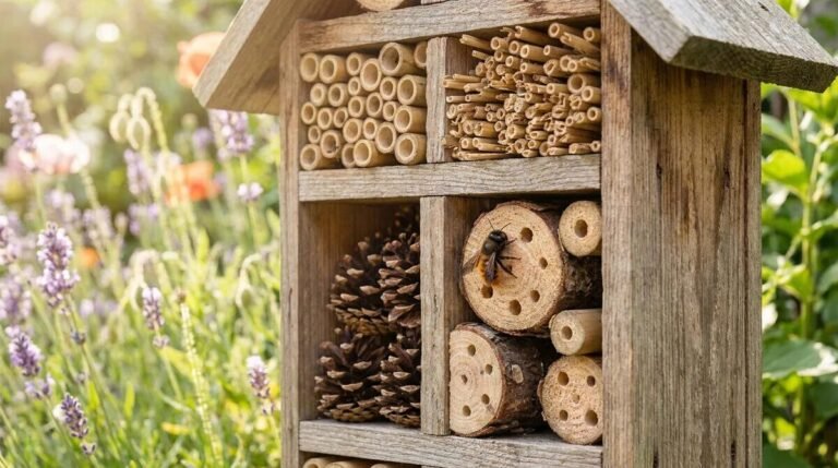 Hôtel à insectes en bois, gros plan. Compartiments garnis de bambou, bûches percées, pommes de pin. Une abeille est sur une bûche dans un jardin.