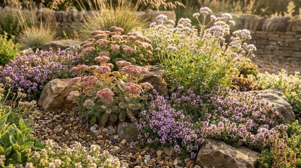 Jardin sec avec des fleurs mauves et roses, des sedums et des pierres sous une lumière dorée.