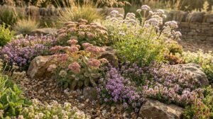 Jardin sec avec des fleurs mauves et roses, des sedums et des pierres sous une lumière dorée.