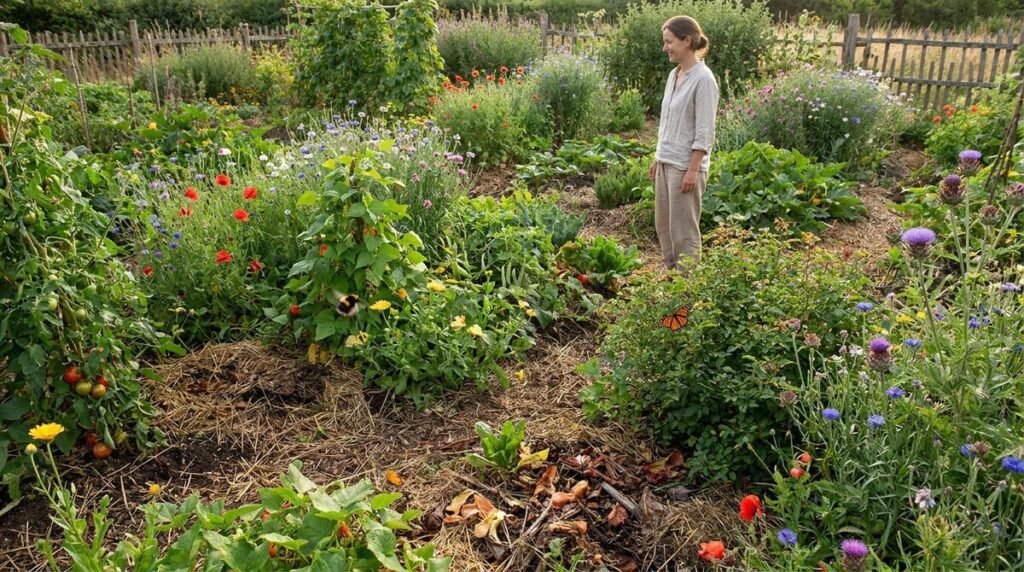 Une femme dans un jardin luxuriant et diversifié, rempli de fleurs sauvages, de légumes et de paillis.
