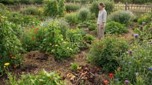 Une femme dans un jardin luxuriant et diversifié, rempli de fleurs sauvages, de légumes et de paillis.