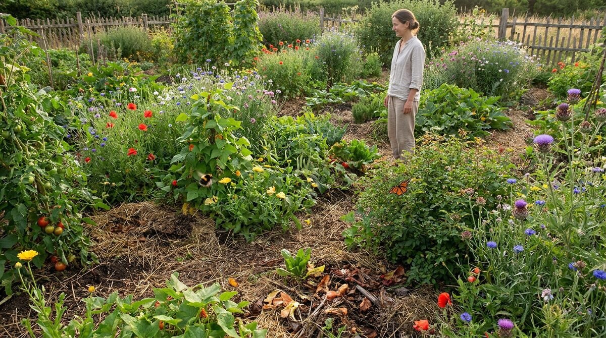 Une femme dans un jardin luxuriant et diversifié, rempli de fleurs sauvages, de légumes et de paillis.