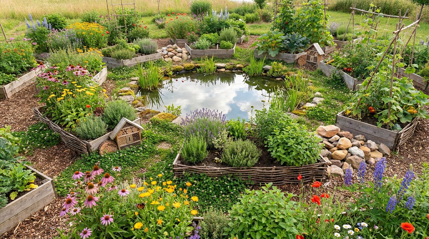 Jardin vibrant avec étang central reflétant le ciel, parterres surélevés de fleurs, herbes, légumes et hôtels à insectes.