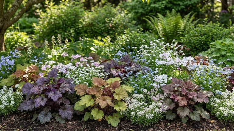 Massif de jardin composé d'heuchères aux feuilles colorées, de fleurs bleues et blanches sous une lumière naturelle.