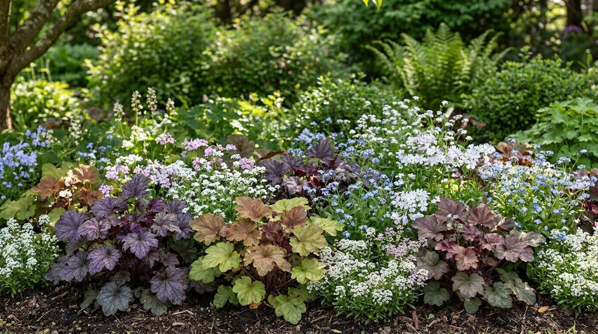 Massif de jardin composé d'heuchères aux feuilles colorées, de fleurs bleues et blanches sous une lumière naturelle.