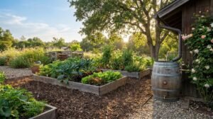 Un potager en carrés avec paillis, un récupérateur d'eau de pluie en bois et des rosiers, sous une lumière de fin de journée.