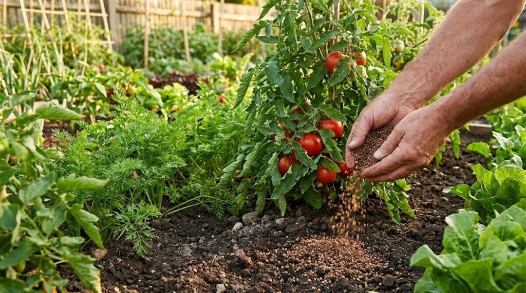 Mains d'une personne épandant de l'engrais granulaire au pied d'un plant de tomates rouges dans un potager ensoleillé.