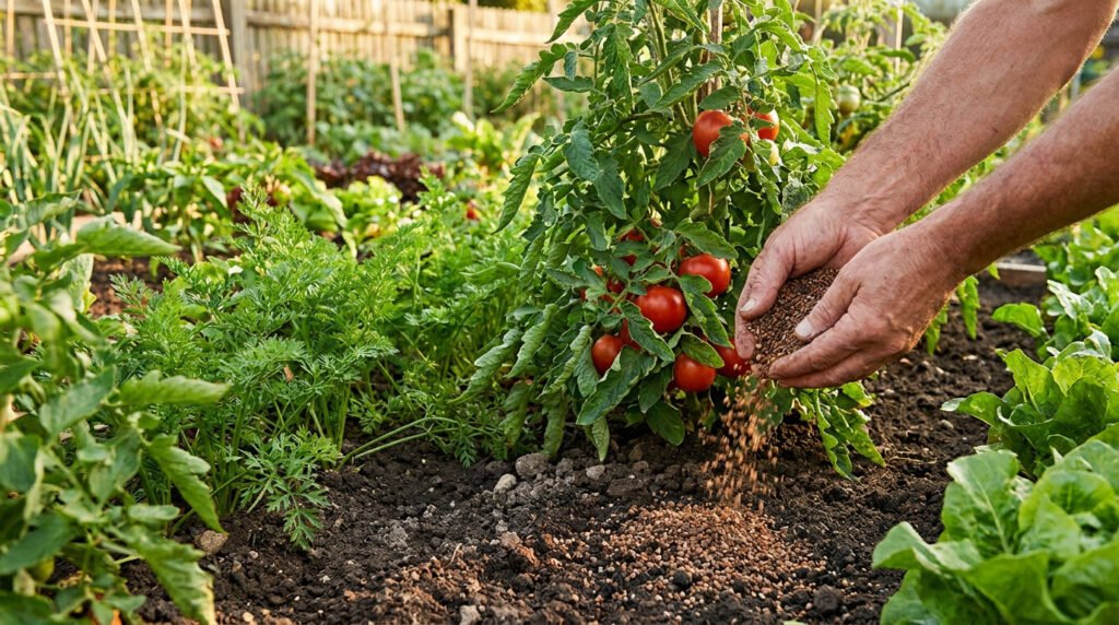 Mains d'une personne épandant de l'engrais granulaire au pied d'un plant de tomates rouges dans un potager ensoleillé.