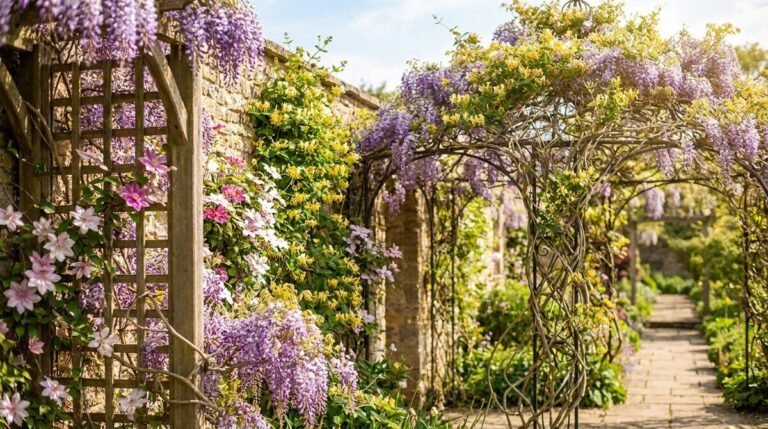 Pergola et treillis fleuris de glycines violettes et de chèvrefeuilles jaunes dans un jardin ensoleillé.