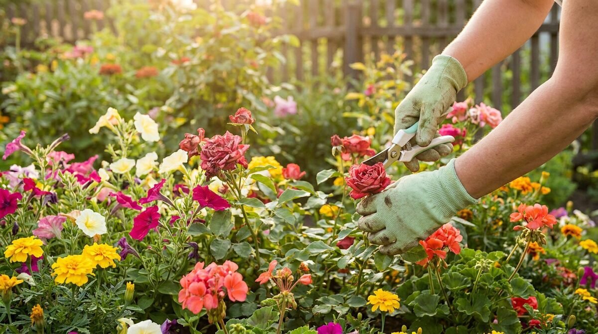 Une personne gantée coupe une rose fanée avec un sécateur dans un jardin fleuri au soleil.