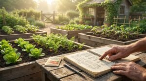 Un jardinier consulte un plan de potager sur un carnet devant des bacs de culture en bois sous une lumière matinale.